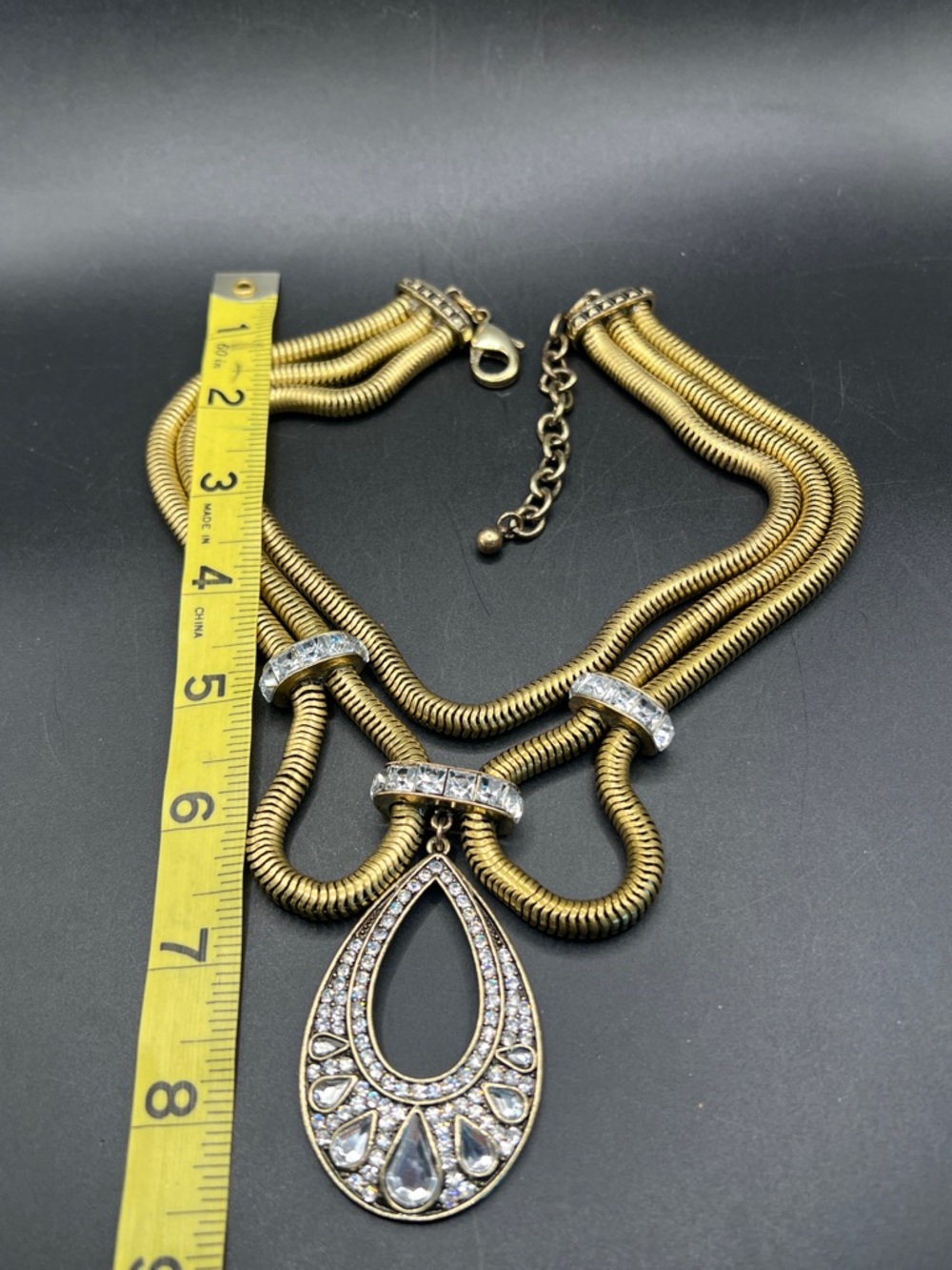 Gold-Tone Statement Necklace with Crystal Teardrop Pendant - Picture 5 of 6